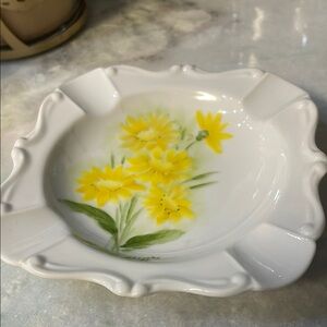 Floral White and Yellow Vintage Ashtray